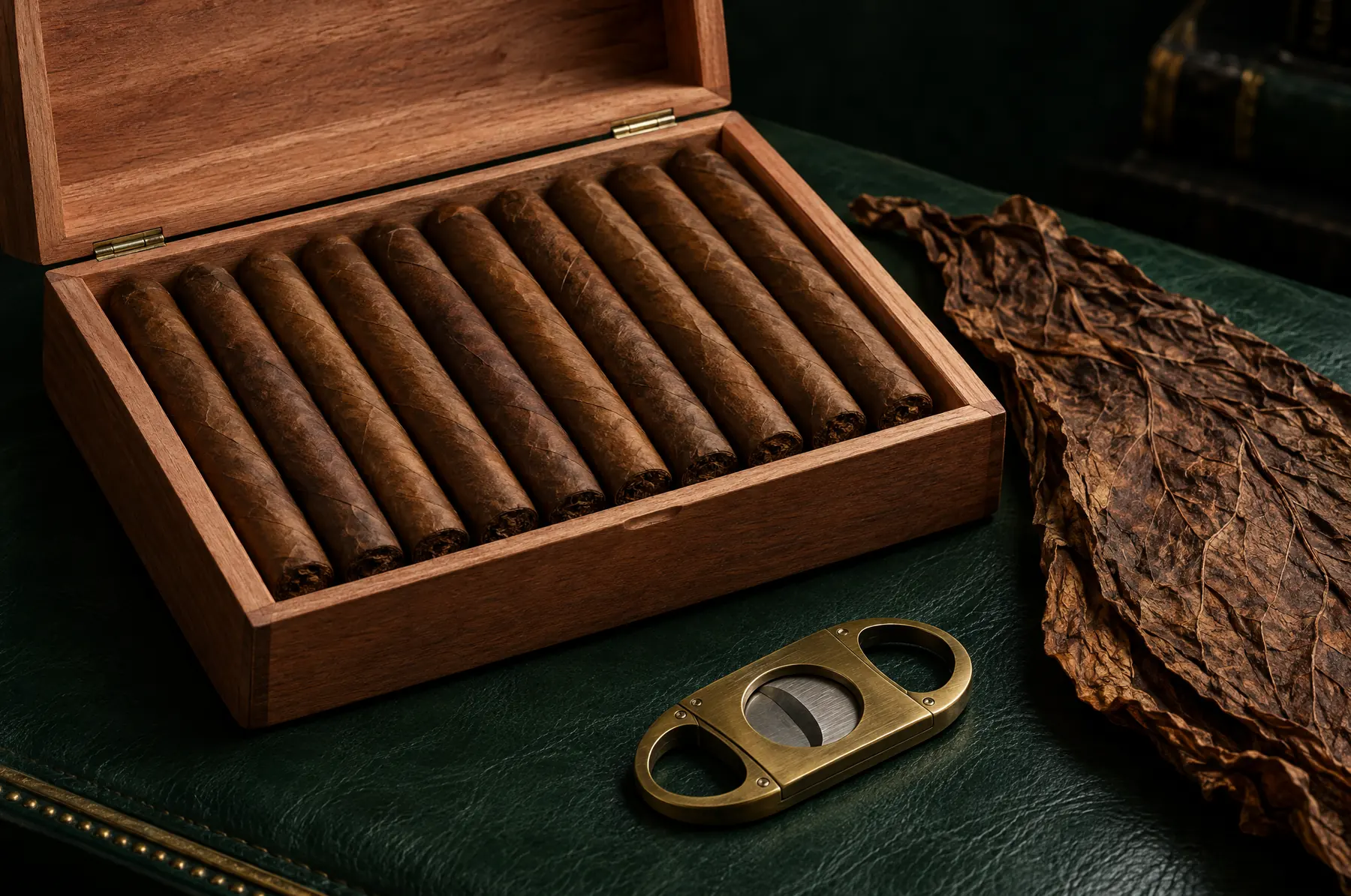 Hand-rolled cigars in an open cedar box with a brass cutter and tobacco leaf