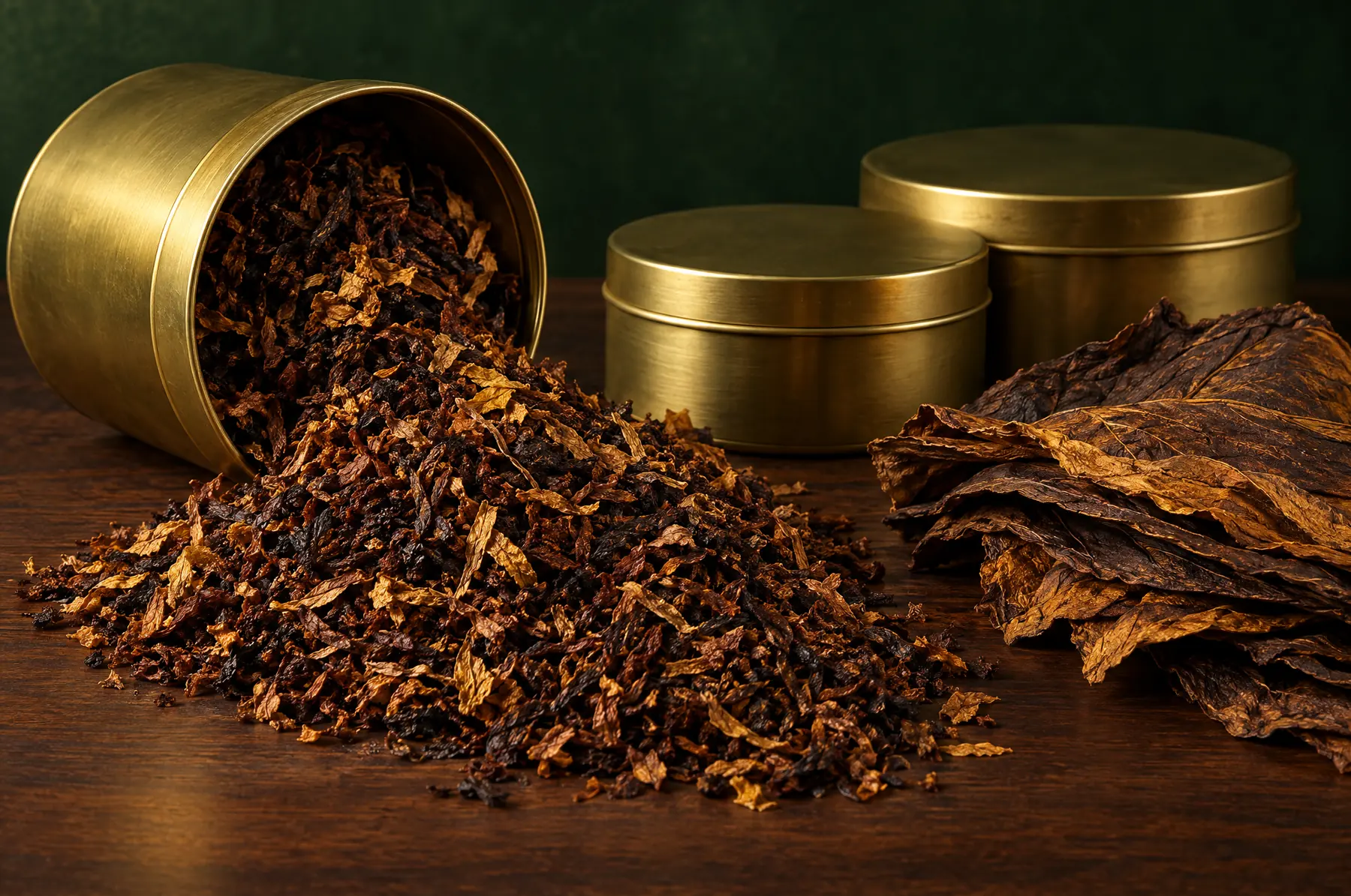 Fine-cut pipe tobacco spilling from a brass tin beside cured leaf